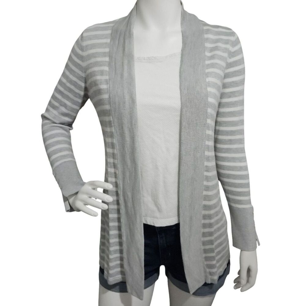 WHBM Striped Open Front Cardigan - Grey & White